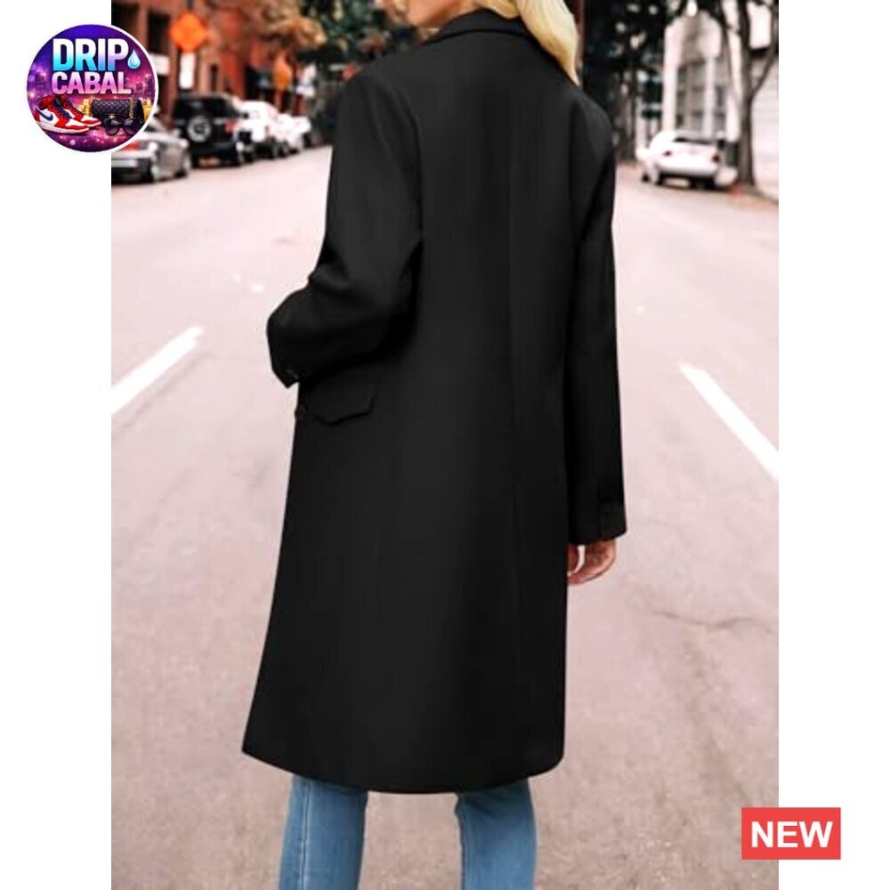 Classic Peacoat Notched Lapel Loose Fit Long Trench Coat Fall Winter Outerwear - Picture 6 of 7